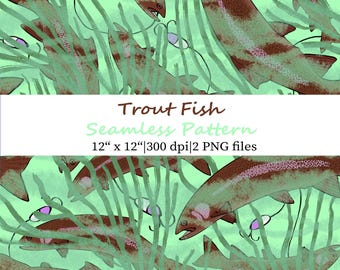 Fishing Gifts Seamless Pattern, Underwater Trout Fish Repeat Design (PNG), Lake House Decor Digital Paper, Hunting Gifts for Men Wall Art