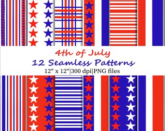 Stripes and Stars 4th of July Seamless Pattern Bundle, 12 Patriotic Digital Papers PNG, USA Background Fabric Designs (Digital Download)