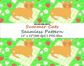 Summer Orange Cats Seamless Pattern, Strawberry Flower Hearts Picnic Fabric Design (PNG), Animal Digital Paper, Kids Nursery Wallpaper