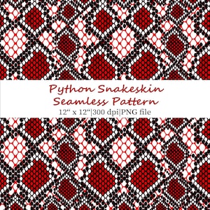 Op de afbeelding: Een naadloos patroon met een python slangenleer ontwerp. Het patroon herhaalt rode, zwarte en witte vormen. De tekst luidt "Python Snakeskin Seamless Pattern" en de afmetingen zijn 30,48 cm x 30,48 cm.