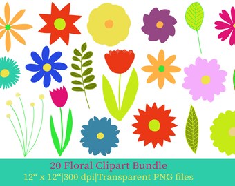Colorful Floral Clipart Bundle, Flowers PNG (Digital Download)