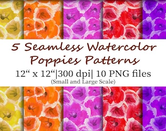 Watercolor Painted Poppies Pattern, Seamless Floral Design Paper Pack (PNG)