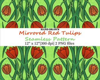 Elegant Red and Orange Tulips Repeat Pattern, Seamless Floral Design (PNG),  Vintage Bloom Grandmillennial Digital Paper