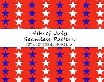 Blue and White Stars on Red 4th of July Seamless Pattern, Patriotic Digital Paper PNG, USA Background Fabric Design (Digital Download)
