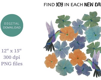Inspirational Hummingbird Floral Print, Find Joy Saying (Digital Download)