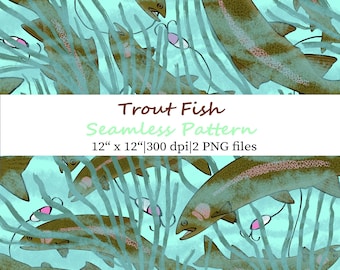 Fishing Gifts Seamless Pattern, Underwater Trout Fish Repeat Design (PNG), Lake House Decor Digital Paper, Hunting Gifts for Men Wall Art
