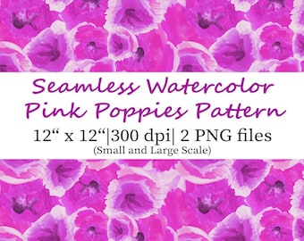 Watercolor Pink Poppies Pattern, Seamless Floral Design (PNG)