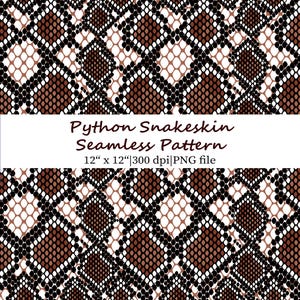 Puede incluir: Patrón sin costuras de piel de serpiente pitón, con escamas marrones, negras y blancas. El diseño es una repetición de escamas. Incluye el texto "Python Snakeskin Seamless Pattern 12" x 12" | 300 dpi | PNG file."