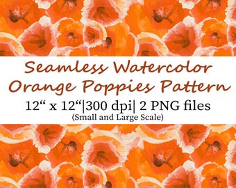 Watercolor Orange Poppies Pattern, Seamless Floral Design (PNG)