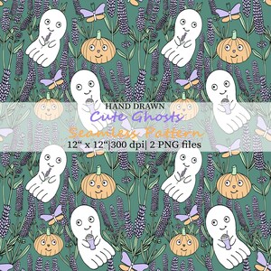 Può includere: Un motivo senza giunture con fantasmi bianchi, zucche arancioni, lavanda viola e farfalle su sfondo verde acqua. Il testo recita: HAND DRAWN Cute Ghosts Seamless Pattern 30,48 cm x 30,48 cm|300 dpi| 2 PNG files. Il design ripete questi elementi.