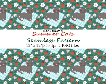 Summer Cats Seamless Pattern, Strawberry Flower Hearts Picnic Fabric Design (PNG), Animal Digital Paper, Kids Nursery Wallpaper