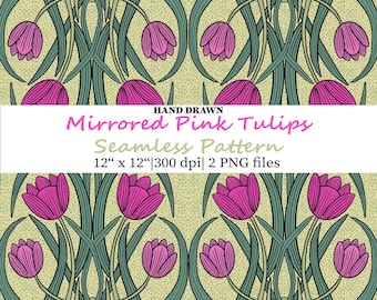 Elegant Pink Tulips Repeat Pattern, Seamless Floral Design (PNG),  Vintage Bloom Grandmillennial Digital Paper