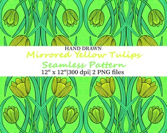 Elegant Yellow Tulips Repeat Pattern, Seamless Floral Design (PNG),  Vintage Bloom Grandmillennial Digital Paper