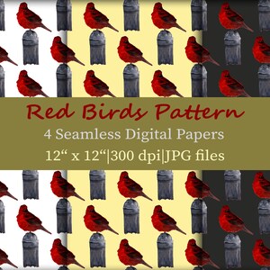 Watercolor Red Bird Seamless Pattern, Bird Wallpaper, Bird Print, Bird Digital Paper Pack, Bird Sublimation, Bird Clipart PNG, Bird Tumbler