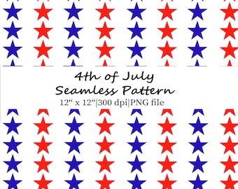 Blue and Red Stars on White 4th of July Seamless Pattern, Patriotic Digital Paper PNG, USA Background Fabric Design (Digital Download)