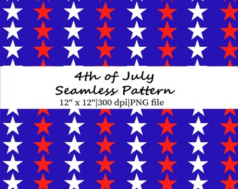 White and Red Stars on Blue 4th of July Seamless Pattern, Patriotic Digital Paper PNG, USA Background Fabric Design (Digital Download)