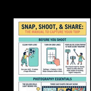 May include: A photography guide titled "Snap, Shoot, & Share" with advice on phone settings, lighting, and social media. The guide features illustrations and text, offering advice for capturing travel photos. Measurements are not applicable.