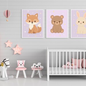Set of 3 forest animal posters – fox, bear & rabbit | Digital nursery decor to print | Cute animal prints for baby rooms | Forest animals