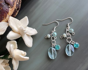 Handmade Aquamarine Crystal Dangle Earrings, March Birthstone