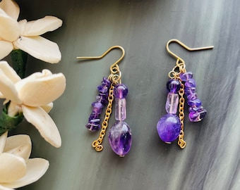 Natural amethyst and gold chain dangle earrings