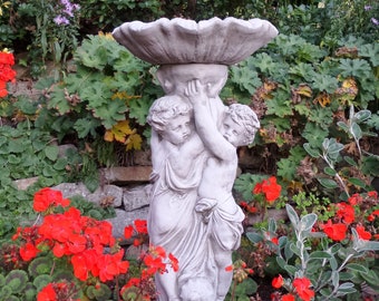 Hand Cast Stone Twin Cherub Bird Bath Feeder – English Garden Decor