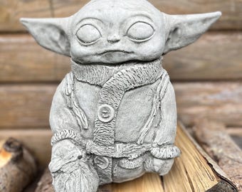 Handgjord Grogu stenträdgårdsstaty – Väderbeständig Star Wars-prydnad