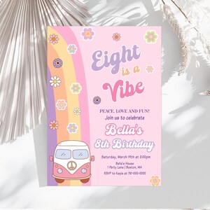 Eight is a Vibe Groovy Birthday Invitation Girl Pink 8th Birthday Invitation Editable Template Instant Download 837