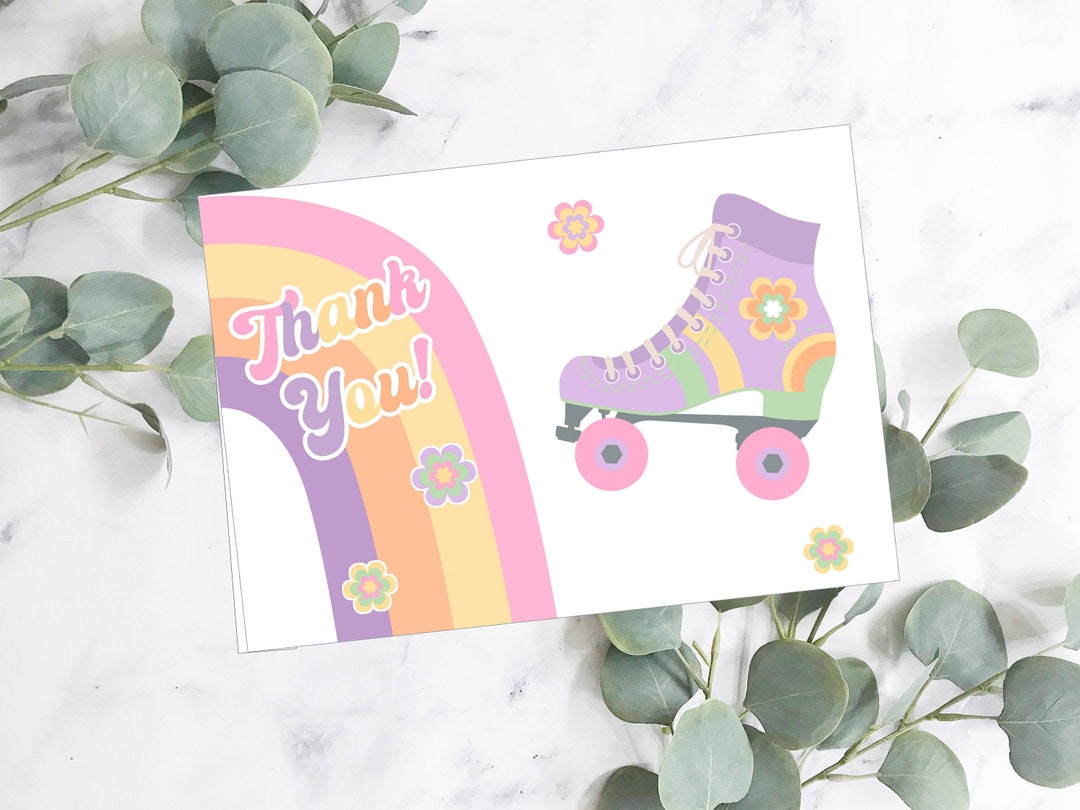Roller Skate Thank You Card Girl Roll on Over Birthday Thank You ...