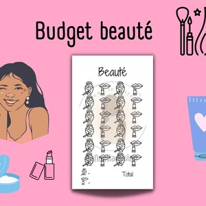 Peut inclure: Un tracker de budget imprimable pour les produits de beauté. Le tracker présente une liste d'articles de beauté avec des cases à cocher et un espace pour écrire le coût total. Le titre du tracker est "Budget beauté".