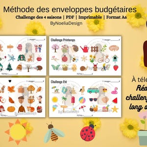 Könnte beinhalten: Vier druckbare Aktivitätsblätter für eine Budget-Umschlag-Herausforderung, jede mit einer anderen Jahreszeit: Winter, Frühling, Sommer und Herbst. Jedes Blatt hat eine Silhouette einer Person und eine Liste von Gegenständen, die im Zusammenhang mit der Jahreszeit gefunden werden müssen. Der Text auf den Blättern lautet "Challenge Hiver", "Challenge Printemps", "Challenge Automne" und "Challenge Eté".