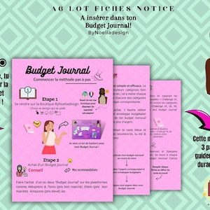 Peut inclure: Un guide imprimable rose et blanc avec le titre "Budget Journal" et des instructions sur la façon d'utiliser un journal de budget. Le guide comprend des illustrations d'une femme, d'un carnet et d'un chariot de courses. Le texte "Cette notice contient 3 pages qui vous guideront mieux pendant votre lecture !" est également inclus.