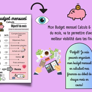 Könnte beinhalten: Ein rosa Sparschwein mit einer goldenen Münze oben drauf, ein blaues Auge, das auf eine Tabelle mit dem Titel "Mon budget mensuel" in Französisch schaut, und Text, der "Mon Budget mensuel Calculs & Objectif du mois, va te permettre d'avoir une meilleur visibilité dans tes finances!" in Französisch sagt. Die Tabelle zeigt eine Aufschlüsselung der monatlichen Ausgaben und Ersparnisse. Der Text unter der Tabelle lautet "Parfait! Je vais pouvoir organiser mon budget mensuel en calculant mes finances au début de chaque mois en cours!" in Französisch.
