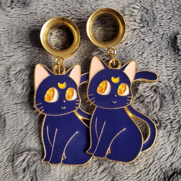 Black Anime Moon Cat Gauges, Gold, Style 1