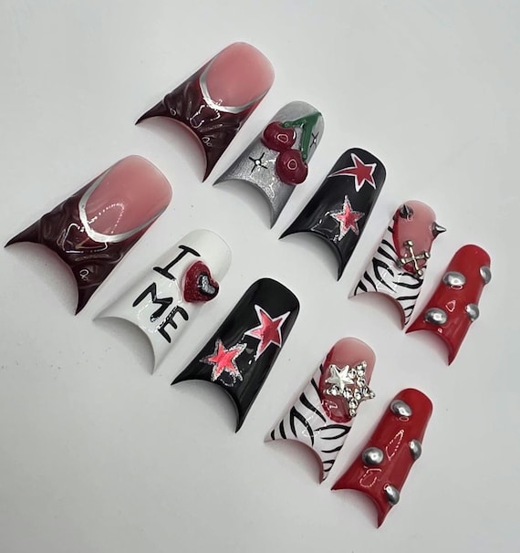 Y2K Rockstar Press On Nails | Cyber Zebra Print, 3D Charms, Hand Painted Duck Nails
