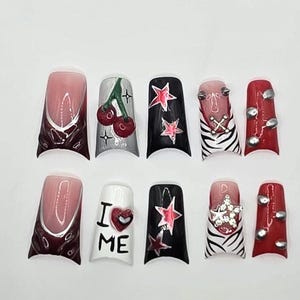Y2K Rockstar Press On Nails | Cyber Zebra Print, 3D Charms, Hand Painted Duck Nails image 3