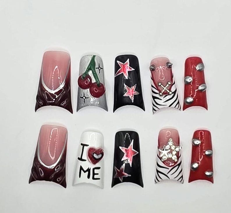 Y2K Rockstar Press On Nails | Cyber Zebra Print, 3D Charms, Hand Painted Duck Nails image 3