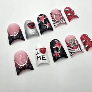 Y2K Rockstar Press On Nails | Cyber Zebra Print, 3D Charms, Hand Painted Duck Nails image 5
