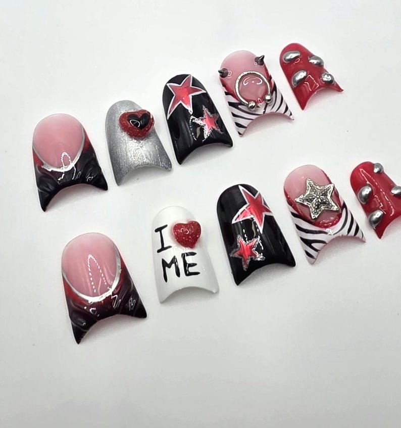 Y2K Rockstar Press On Nails | Cyber Zebra Print, 3D Charms, Hand Painted Duck Nails image 5