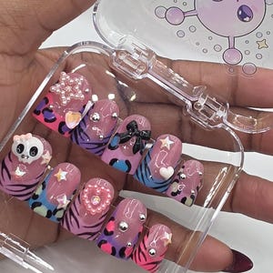 3D Cyber Y2K Kawaii Press On Nails | Pink Blue Animal Print Decora False Nails