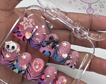 3D Cyber Y2K Kawaii Press On Nails | Pink Blue Animal Print Decora False Nails