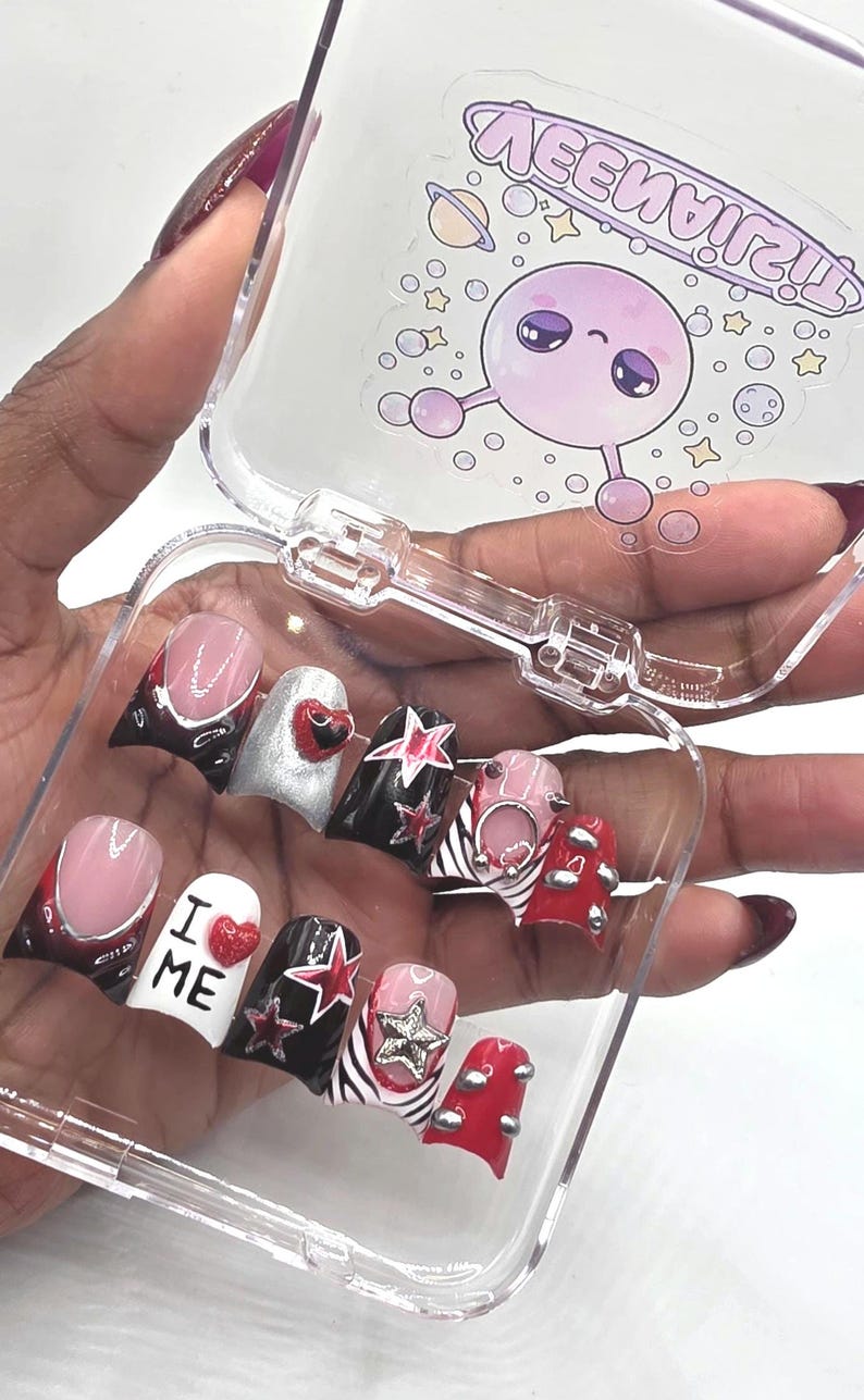 Y2K Rockstar Press On Nails | Cyber Zebra Print, 3D Charms, Hand Painted Duck Nails short duck