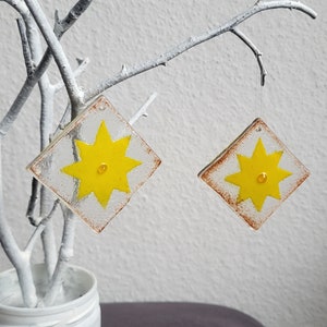 kleine Sonnenfänger, Geschenkanhänger aus Glas Sternepaar gelb