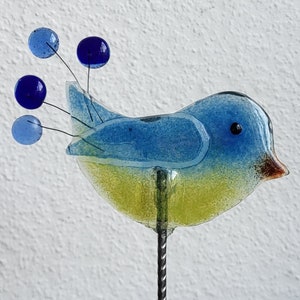 Vogel aus Glas, Gartenstecker Glasvogel als fröhliche Dekoration für Garten Balkon oder auf der Terrasse blau pistazie