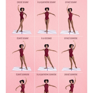 Può includere: Un diagramma che mostra nove diverse posizioni di balletto, con una ballerina che dimostra ogni posizione. Le posizioni sono etichettate in francese, tra cui 'Croisé Devant', 'À La Quatrième Devant', 'Effacé Devant', 'Écarté Devant', 'À La Seconde', 'Effacé Derrière', 'Écarté Derrière', 'À La Quatrième Derrière' e 'Croisé Derrière'.
