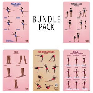 May include: A set of six pink and white illustrated ballet posters with images of dancers in various positions. The posters include titles such as "Arabesque Positions", "Arms & Feet Positions", "Feet Positions", "Horton Technique Basics", and "Ballet Directions of the Body".