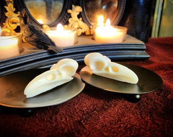 May include: Two off-white bird skull replicas rest on small, round, black metal trays. The trays sit on a dark red surface, with a decorative candle holder and lit candles in the background. A small, black bird figurine is also visible.