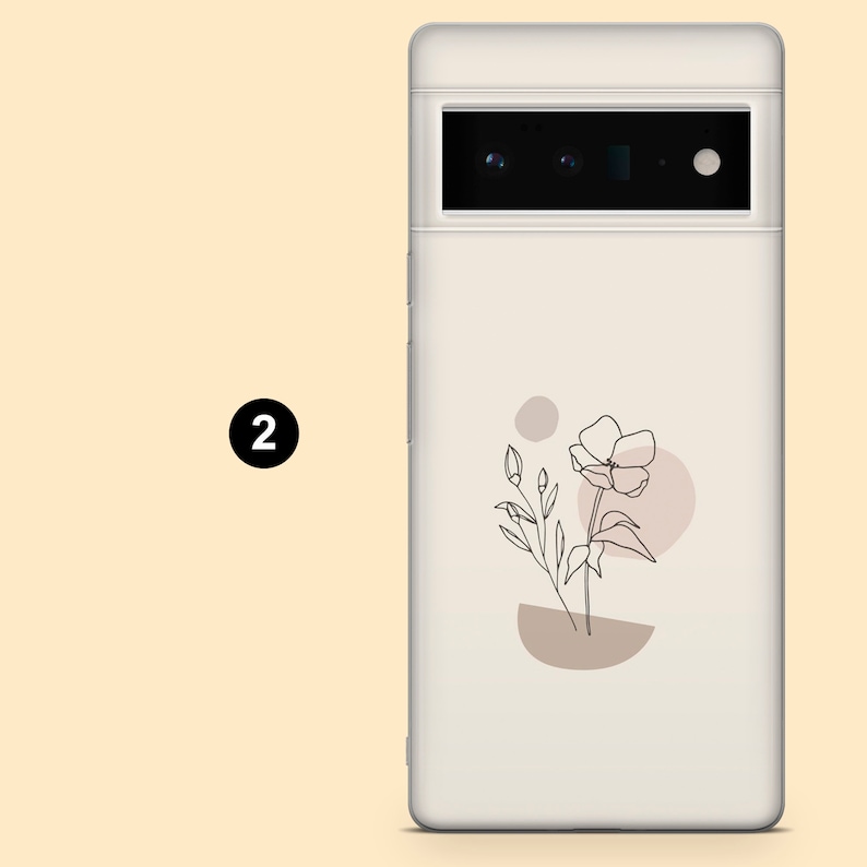 May include: White phone case with a minimalist floral design. The design features a single flower with a stem and leaves, and two abstract shapes in beige.