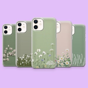 Custodia per telefono minimalista, motivo floreale verde salvia per iPhone 16Pro, 15, 14, 13, 12, Samsung S25Ultra, S24, S23, S22, A16, A55, A25, Pixel 9, 8A