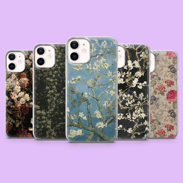 Vintage Botanische Handy Hülle Frühling Blumen Muster Cover für iPhone 15, 14, 13, 12, 11, Samsung S24Ultra, S23FE, S22, A15, A54, A25, Pixel 8