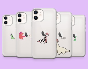 Clear Dinosaur Phone Case Funny Kawaii Cute Dino Cover for iPhone 16, 15, 14, 13, 12, Samsung S25+, S24Ultra, S23, S22, A55, A35, Pixel 9, 8